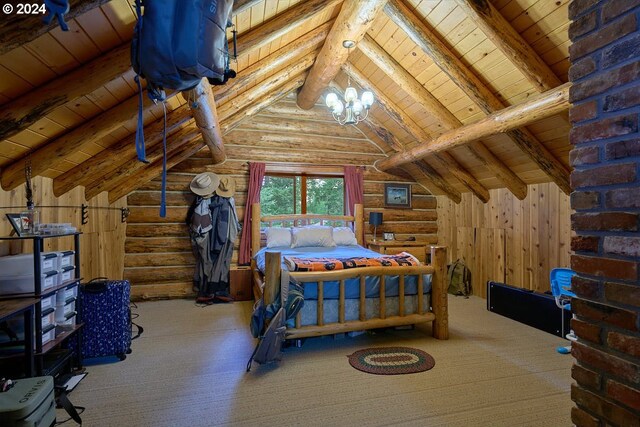 bedroom featuring carpet floors, log walls, wooden ceiling, and lofted ceiling with beams