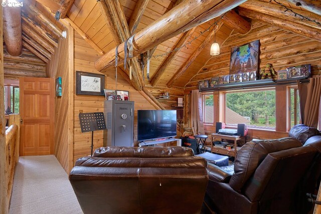 living room featuring wood ceiling, a healthy amount of sunlight, wood walls, beamed ceiling, and rustic walls