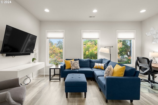 living room with plenty of natural light and light hardwood / wood-style floors