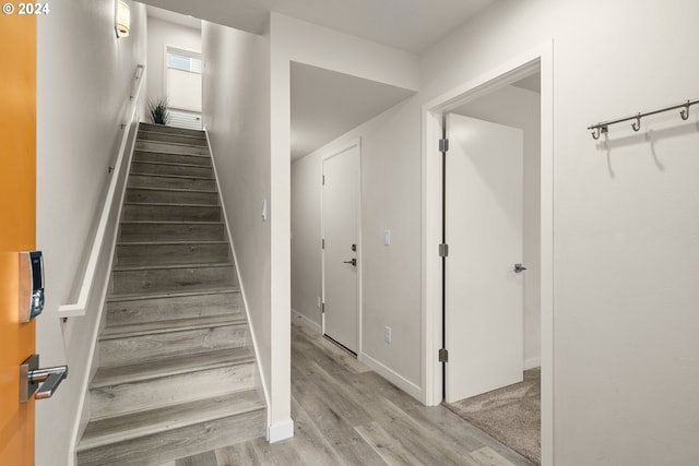 staircase featuring hardwood / wood-style flooring