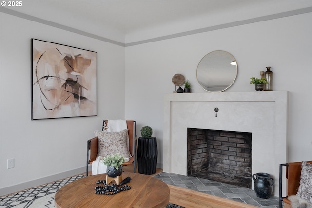 living room featuring a fireplace