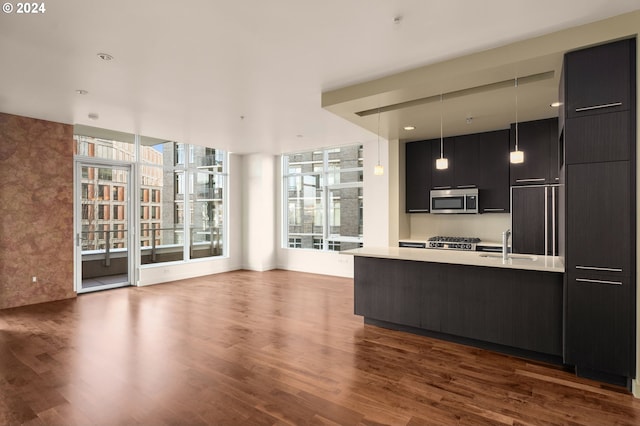 kitchen featuring sink, dark hardwood / wood-style flooring, stainless steel appliances, and hanging light fixtures