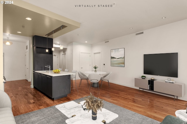 living room with dark wood-type flooring