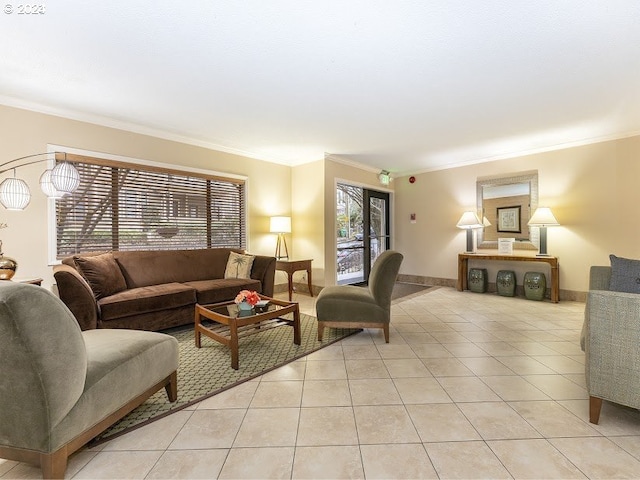 tiled living room with crown molding