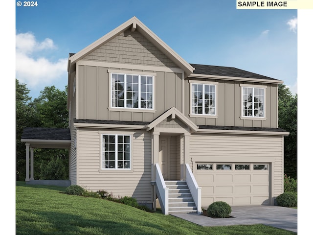 view of front of house featuring driveway, a shingled roof, an attached garage, a front lawn, and board and batten siding