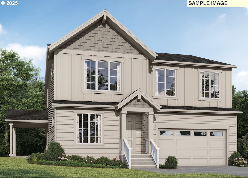 view of front of home with an attached garage, board and batten siding, driveway, and a shingled roof