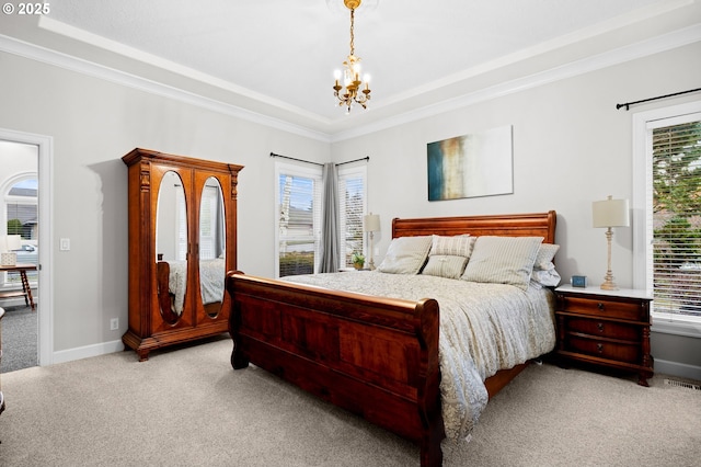 bedroom with light carpet, a notable chandelier, and multiple windows