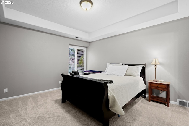 carpeted bedroom featuring a tray ceiling