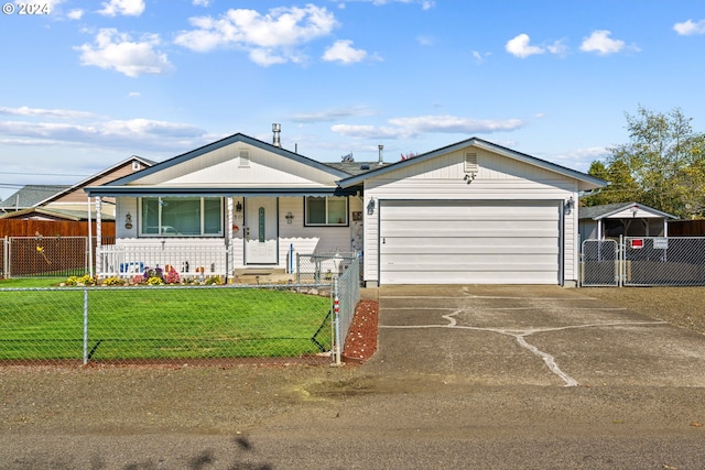 view of front facade featuring covered porch, a front lawn, and a garage