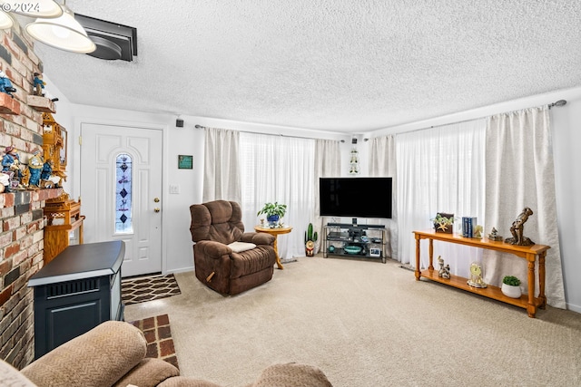 living room with a textured ceiling, carpet floors, and a healthy amount of sunlight