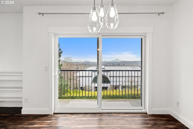 doorway featuring a mountain view, a wealth of natural light, and dark wood-type flooring