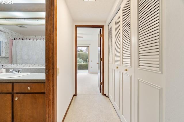 hallway with light carpet, sink, and a textured ceiling