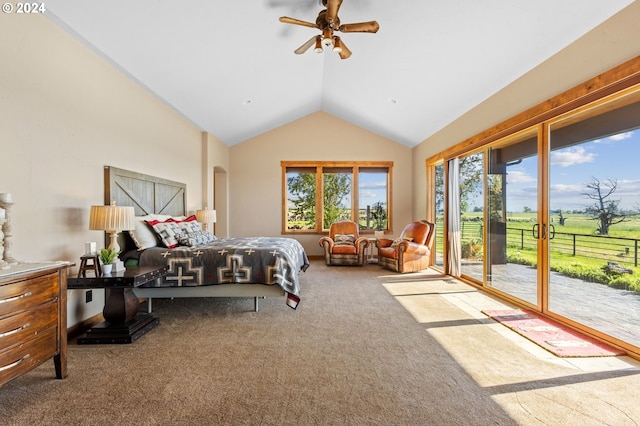 carpeted bedroom featuring access to exterior, vaulted ceiling, and ceiling fan