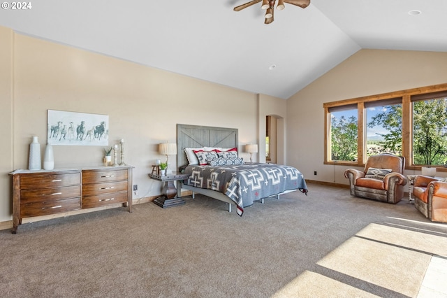 bedroom featuring carpet floors, ceiling fan, and lofted ceiling