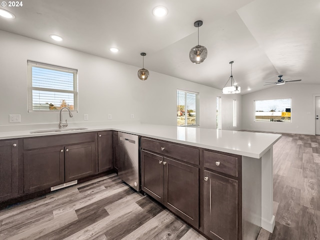 kitchen featuring vaulted ceiling, stainless steel dishwasher, a healthy amount of sunlight, and sink