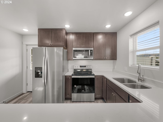 kitchen featuring sink, stainless steel appliances, dark brown cabinets, and light hardwood / wood-style flooring