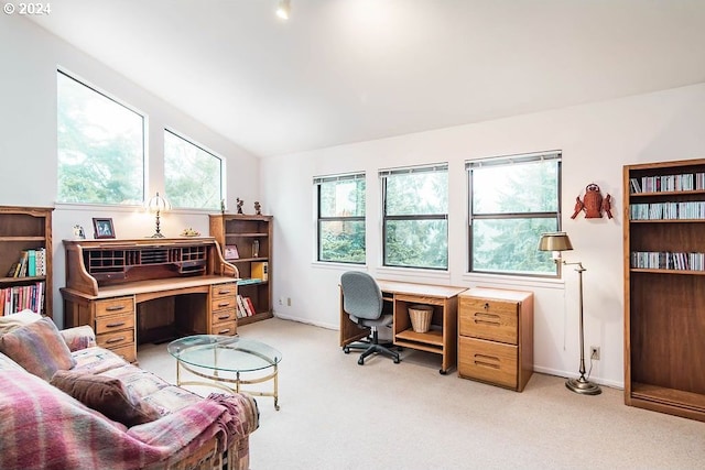 carpeted office space with lofted ceiling