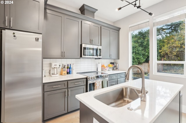 kitchen with appliances with stainless steel finishes, tasteful backsplash, gray cabinets, and sink