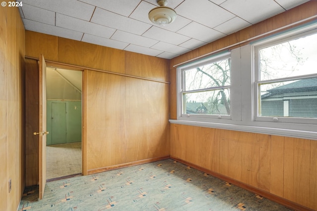 carpeted empty room featuring wooden walls