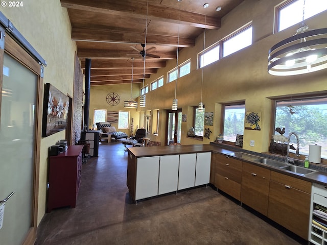 44 Justanother Rd, Goldendale, WA 98620 - kitchen featuring a high ceiling, a sink, dark countertops, finished concrete flooring, and healthy amount of natural light