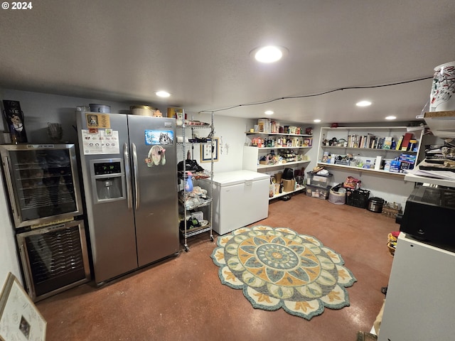 44 Justanother Rd, Goldendale, WA 98620 - kitchen with stainless steel fridge with ice dispenser, beverage cooler, recessed lighting, white fridge, and concrete floors