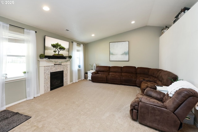 27309 8th St, Junction City, OR 97448 - carpeted living area with recessed lighting, a fireplace, visible vents, and lofted ceiling