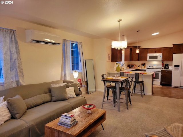 living room featuring a wall unit AC, light carpet, sink, and vaulted ceiling