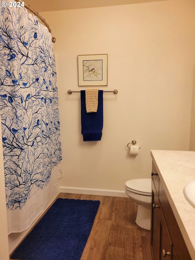 bathroom featuring hardwood / wood-style floors, vanity, and toilet