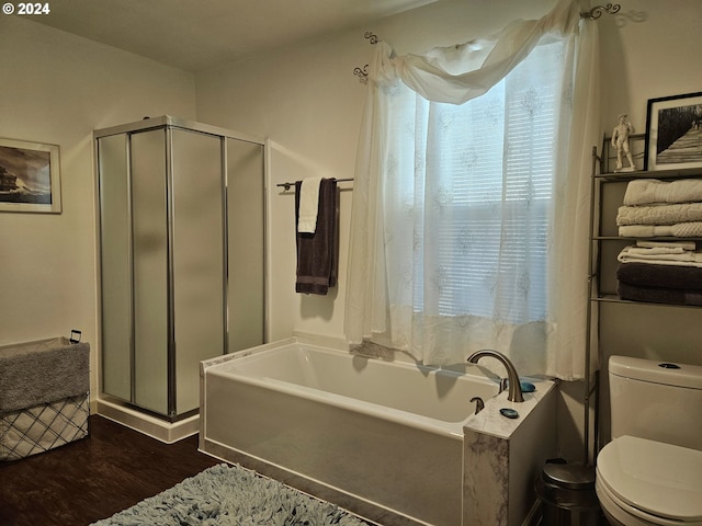 bathroom with independent shower and bath, wood-type flooring, and toilet