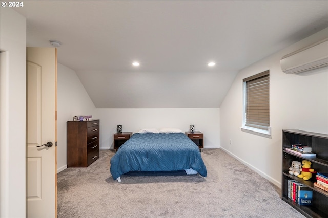 bedroom featuring baseboards, light colored carpet, a wall unit AC, lofted ceiling, and recessed lighting