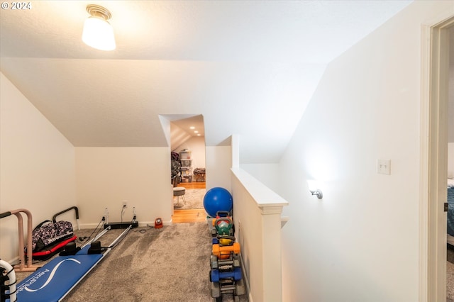 workout area featuring vaulted ceiling