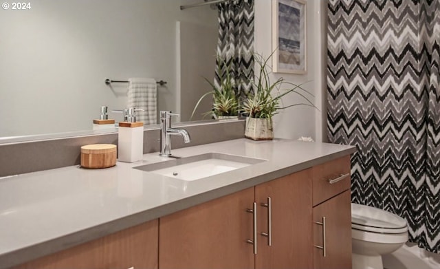 bathroom featuring vanity, toilet, and walk in shower