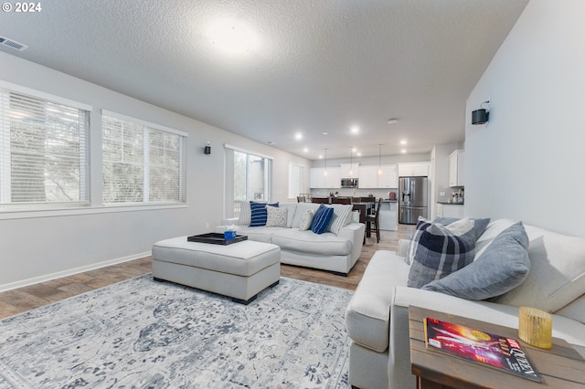 living room with a healthy amount of sunlight, a textured ceiling, and light hardwood / wood-style flooring