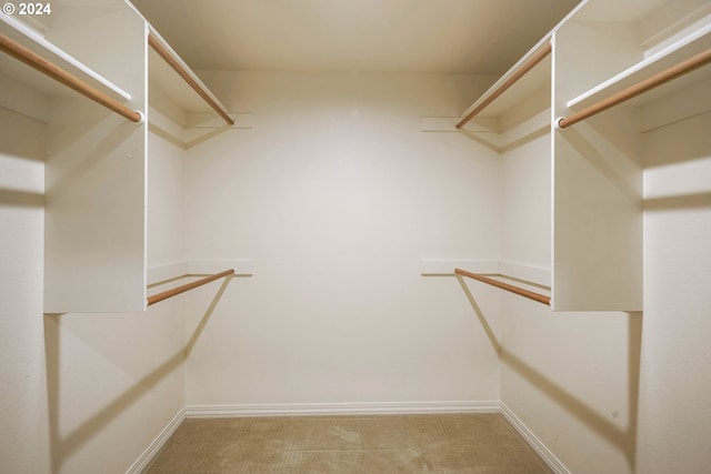 walk in closet featuring light colored carpet