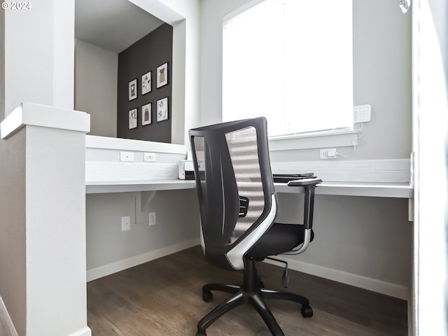 office area featuring built in desk and dark hardwood / wood-style flooring