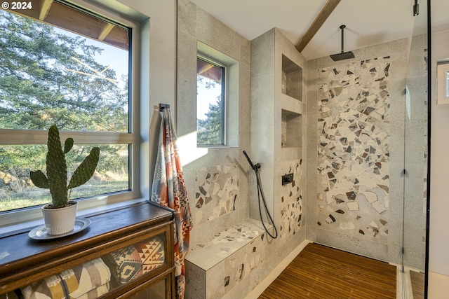 6850 SE Eola Hills Rd, Amity, OR 97101 - full bathroom with a walk in shower, beamed ceiling, and wood finished floors