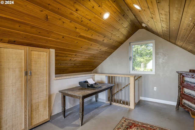 bonus room with concrete flooring, wood ceiling, and lofted ceiling