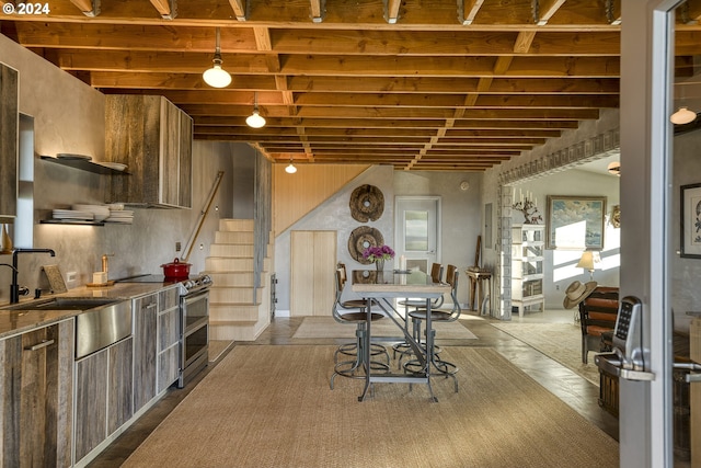 6850 SE Eola Hills Rd, Amity, OR 97101 - dining space featuring stairway and beamed ceiling