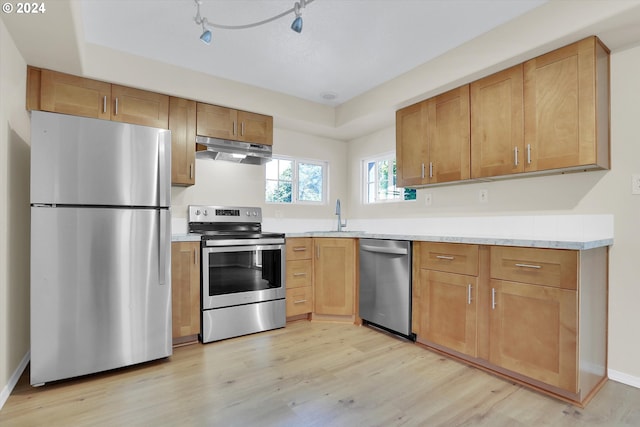 kitchen featuring stainless steel appliances, rail lighting, sink, and light hardwood / wood-style floors