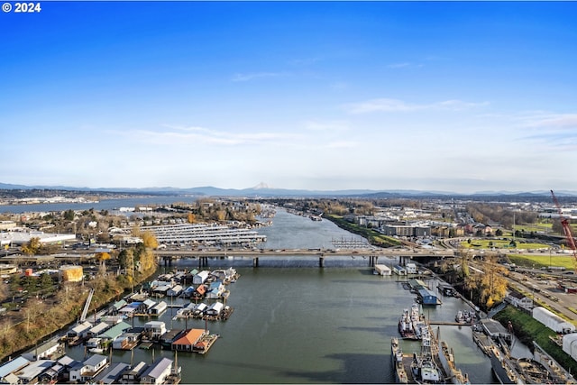 bird's eye view featuring a water and mountain view