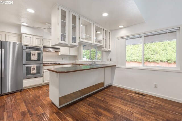 kitchen with ventilation hood, white cabinets, dark wood-type flooring, and appliances with stainless steel finishes