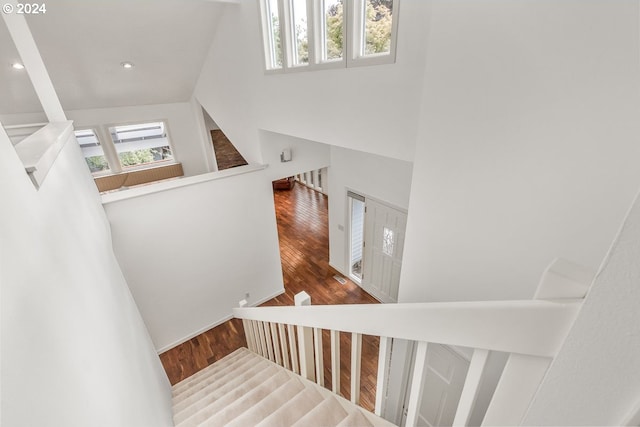 stairs featuring wood-type flooring and a high ceiling