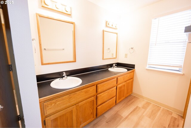 bathroom with wood-type flooring and vanity