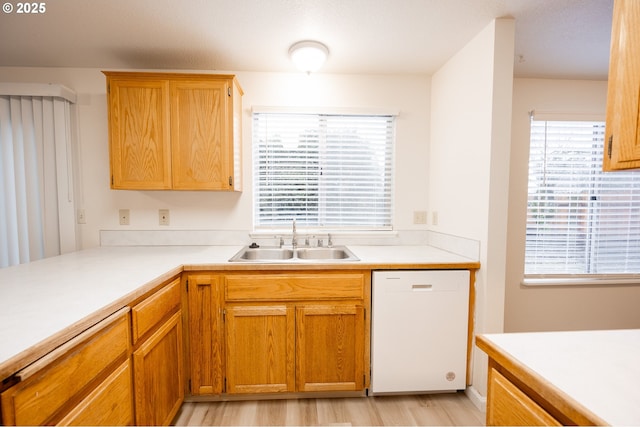 kitchen with sink, dishwasher, and light hardwood / wood-style flooring