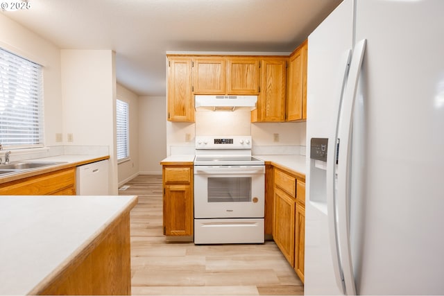 kitchen with sink, white appliances, and light hardwood / wood-style flooring