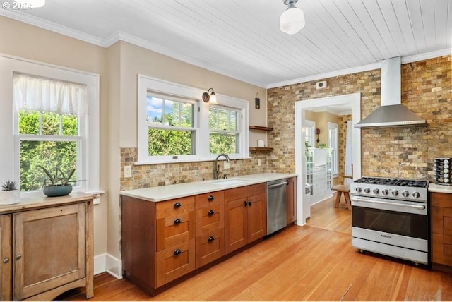 kitchen with wall chimney range hood, decorative backsplash, sink, wood ceiling, and stainless steel appliances