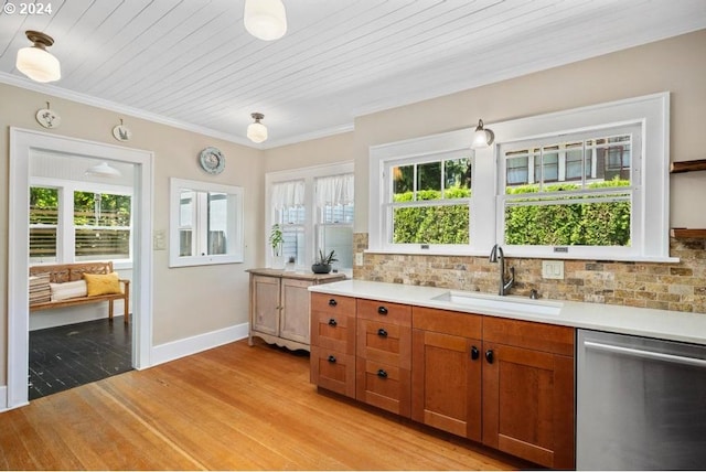 kitchen featuring wood ceiling, stainless steel dishwasher, tasteful backsplash, and sink