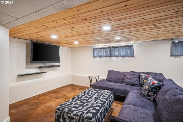 living room featuring wood ceiling