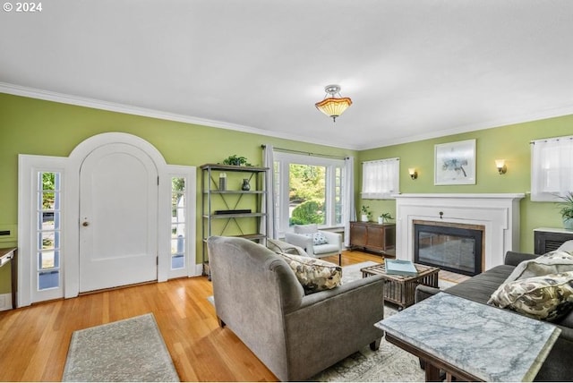 living room with ornamental molding and light hardwood / wood-style floors