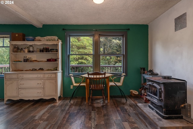 dining space featuring a wood stove, a wealth of natural light, and dark hardwood / wood-style flooring